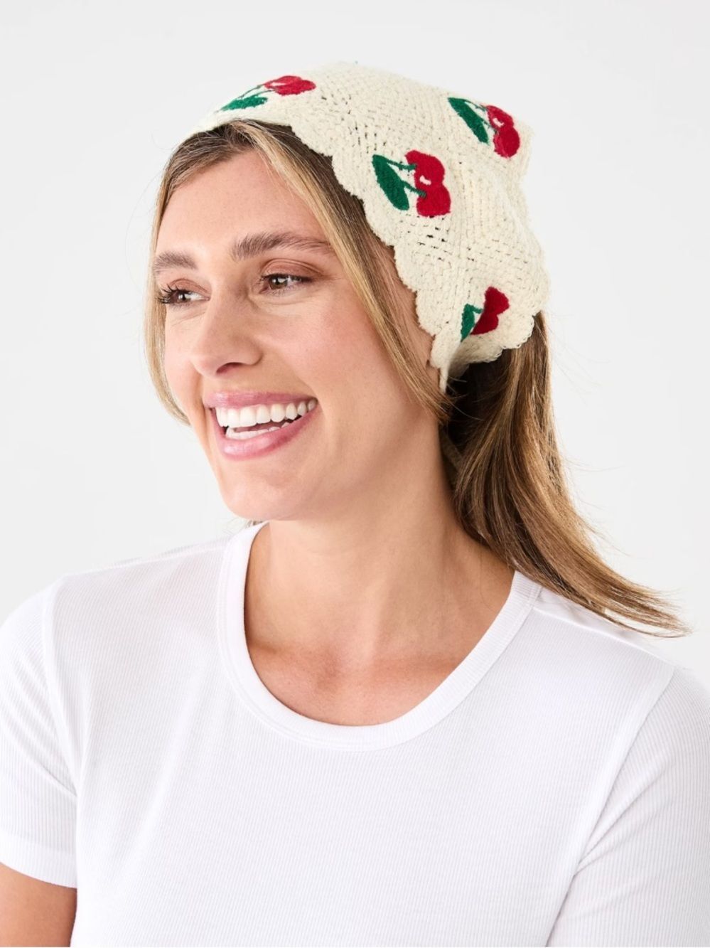 piper•k Ivory Red Green Crochet Scalloped Cherry Triangle Bandana Scarf
